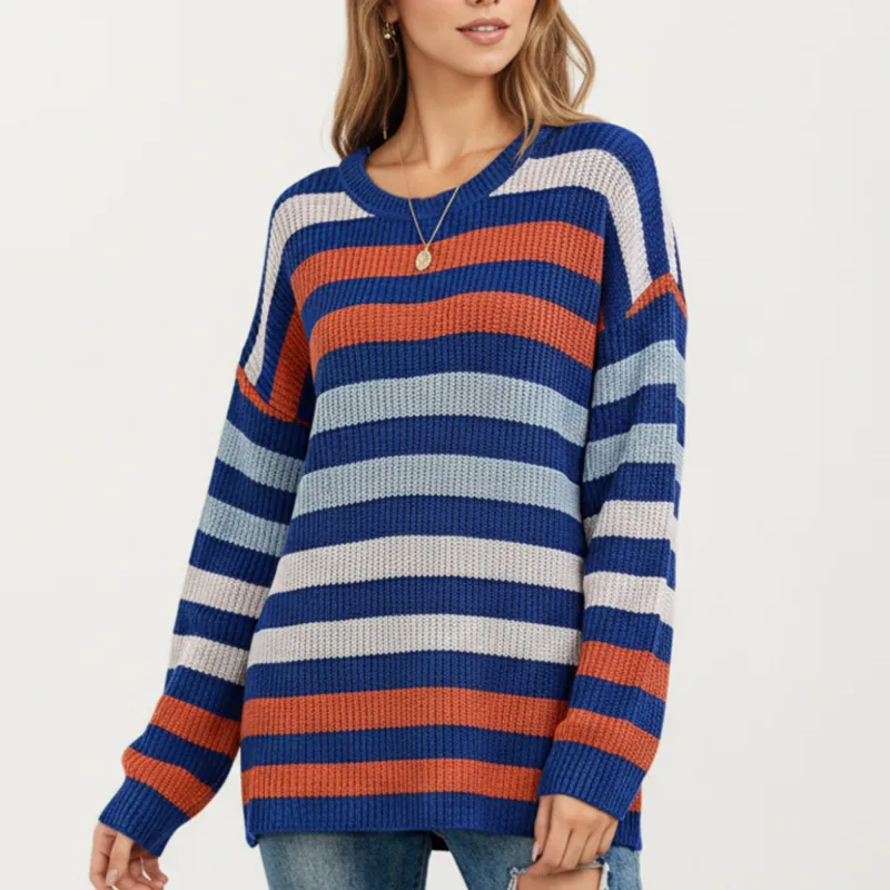 Anna-Kaci Women's Long Sleeve Crew Neck Striped Knit Sweater with Relaxed Fit sold by Anna-Kaci