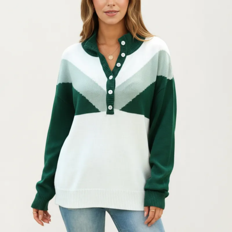 Anna-Kaci Women's Color Block Long Sleeve Knit Sweater with Button Collar and Ribbed Hem sold by Anna-Kaci