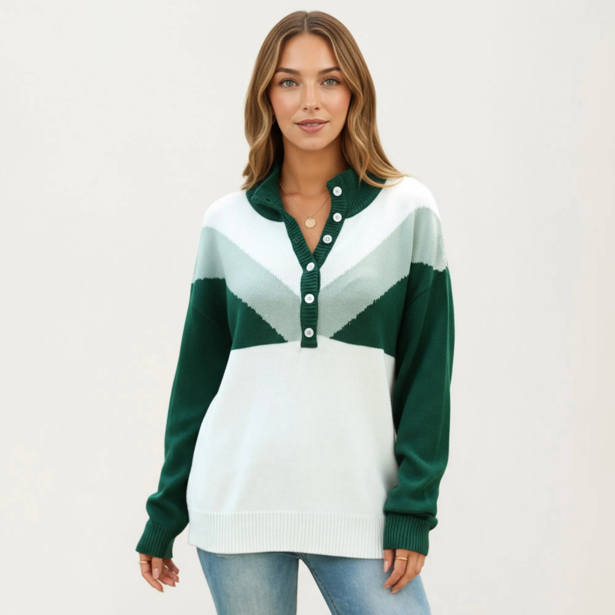 Anna-Kaci Women's Color Block Long Sleeve Knit Sweater with Button Collar and Ribbed Hem sold by Anna-Kaci product image thumbnail 2