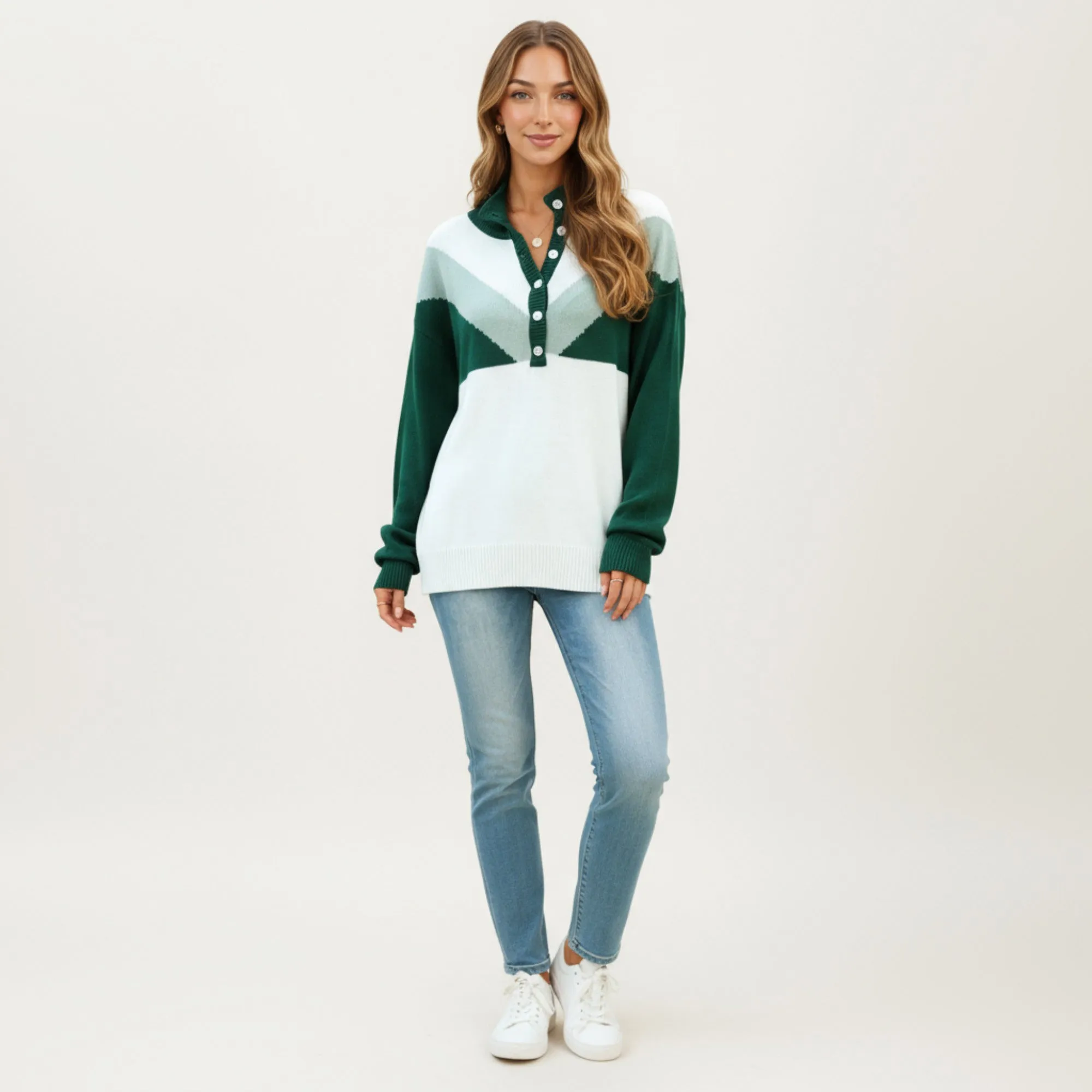 Anna-Kaci Women's Color Block Long Sleeve Knit Sweater with Button Collar and Ribbed Hem sold by Anna-Kaci product image thumbnail 3