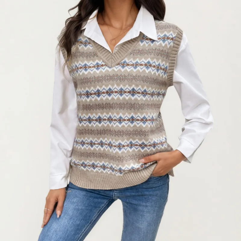 Anna-Kaci Women's Sleeveless V-Neck Knit Sweater Vest with Geometric Pattern Design sold by Anna-Kaci