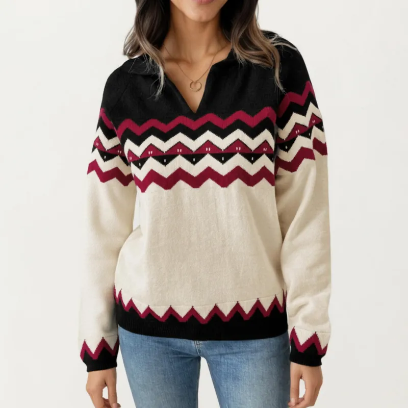 Anna-Kaci Women's Long Sleeve Knit Sweater with Chevron Pattern and Split Collar Detail sold by Anna-Kaci