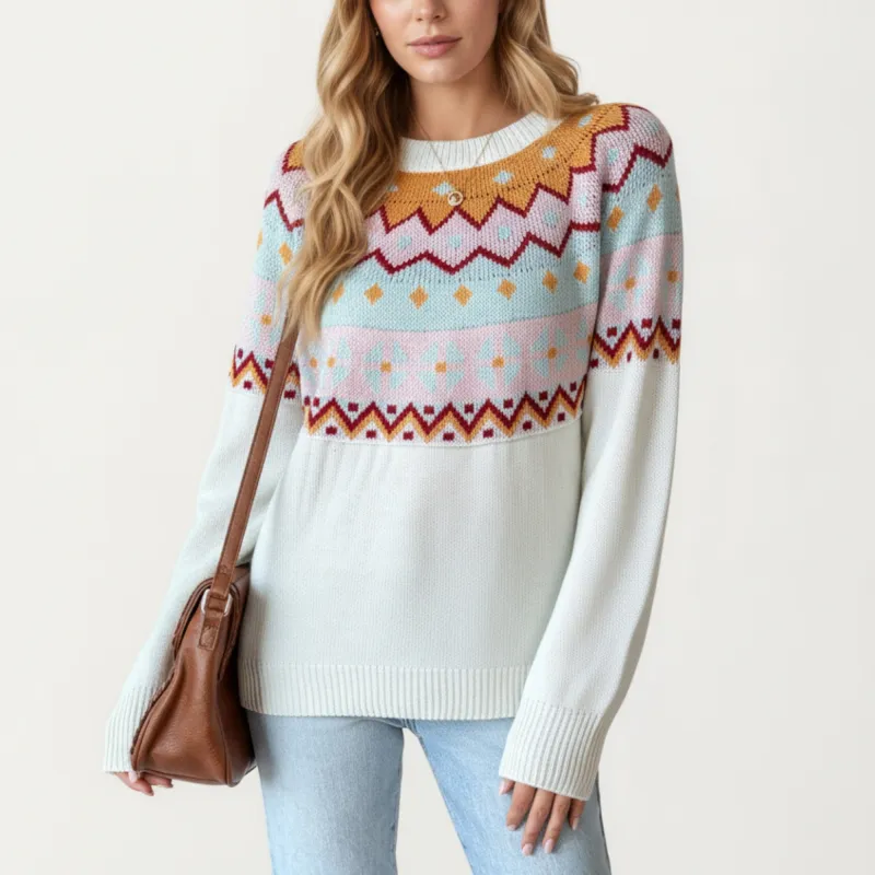 Anna-Kaci Women's Long Sleeve Knit Sweater with Geometric Pattern and Ribbed Hem Detail sold by Anna-Kaci