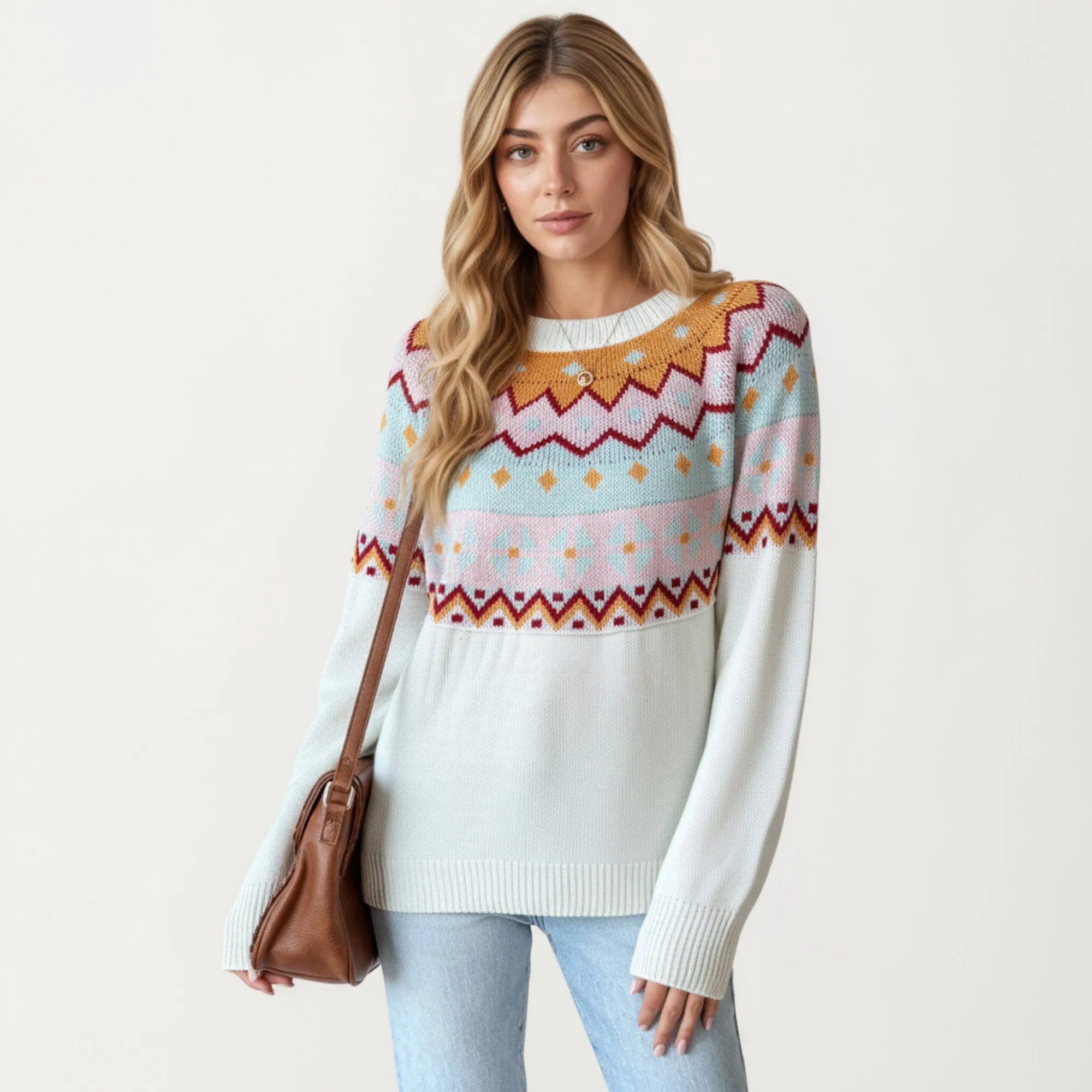 Anna-Kaci Women's Long Sleeve Knit Sweater with Geometric Pattern and Ribbed Hem Detail sold by Anna-Kaci product image thumbnail 2