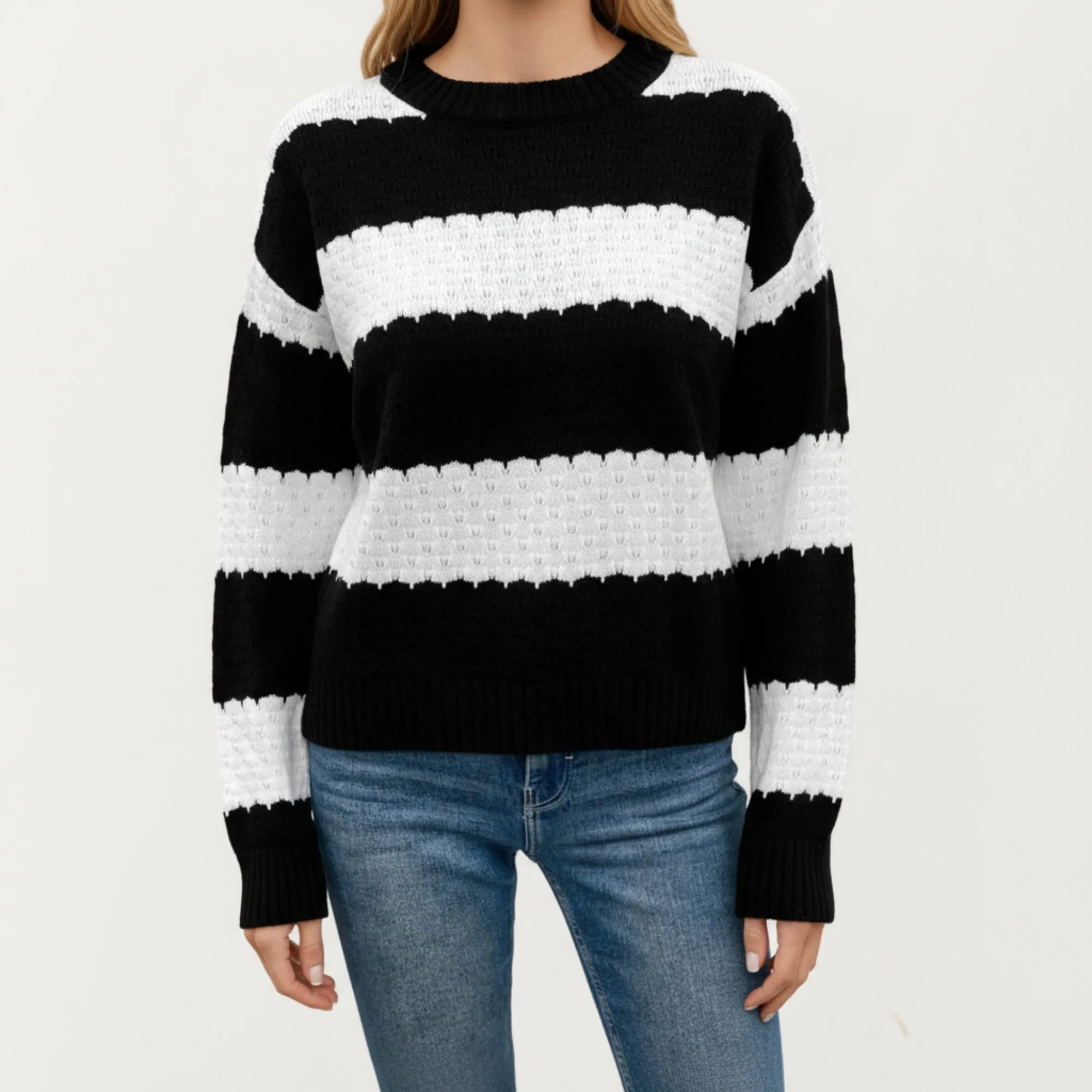 Anna-Kaci Women's Long Sleeve Knit Sweater with Bold Horizontal Stripes and Ribbed Trim sold by Anna-Kaci