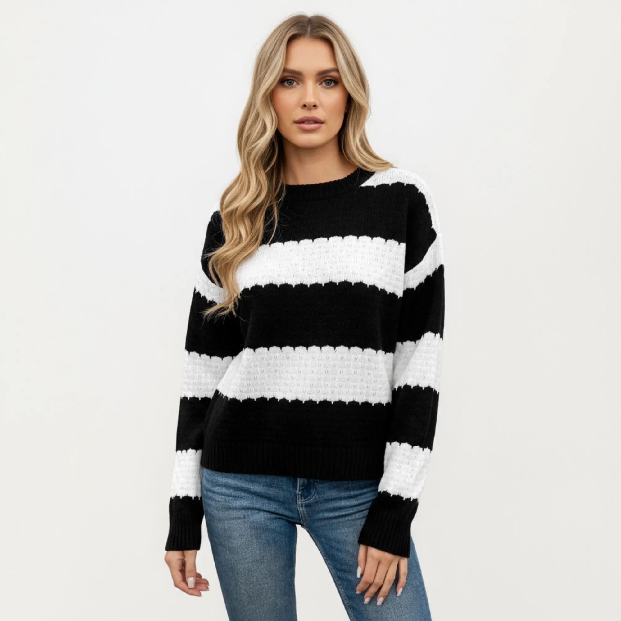 Anna-Kaci Women's Long Sleeve Knit Sweater with Bold Horizontal Stripes and Ribbed Trim sold by Anna-Kaci product image thumbnail 2