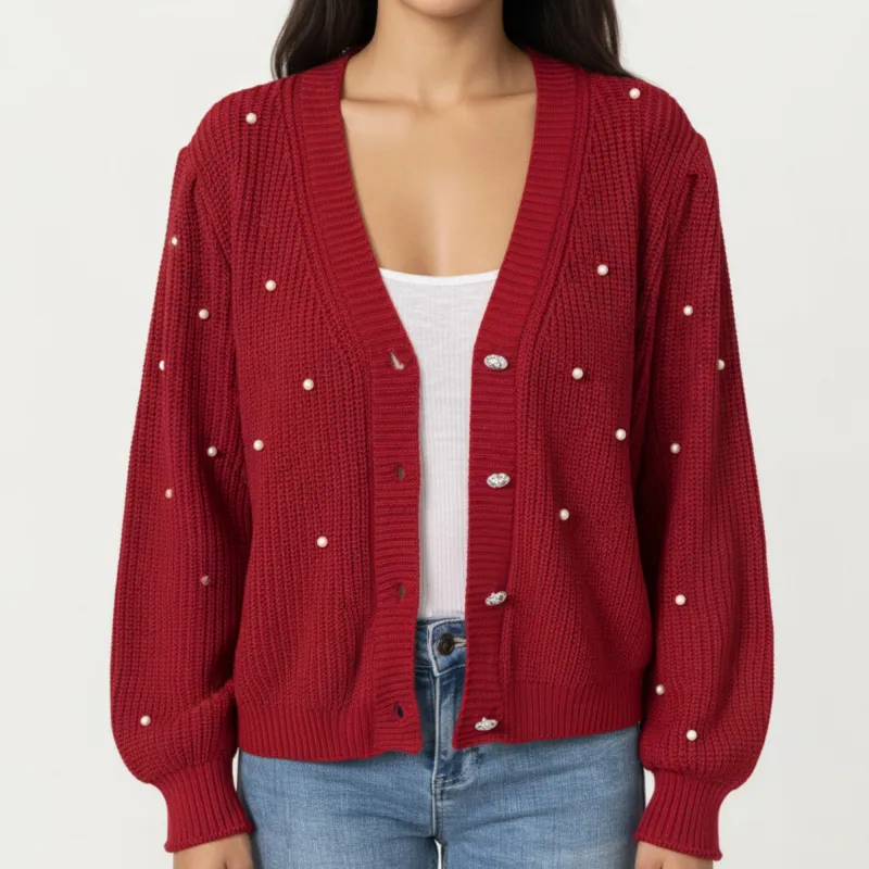 Anna-Kaci Women's Long Sleeve Button-Up Knit Cardigan with Faux Pearl Embellishments and Ribbed Hem sold by Anna-Kaci