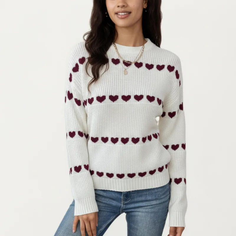 Anna-Kaci Women's Long Sleeve Knit Sweater with Heart Pattern and Ribbed Trim sold by Anna-Kaci