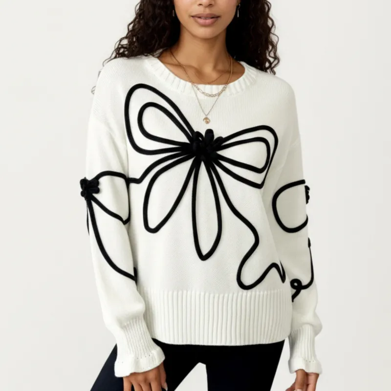 Anna-Kaci Women's Long Sleeve Knit Sweater with Oversized Bow Embroidery and Ribbed Trim sold by Anna-Kaci