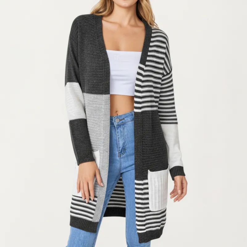 Anna-Kaci Women's Long Sleeve Color Block Striped Knit Cardigan with Front Pockets sold by Anna-Kaci