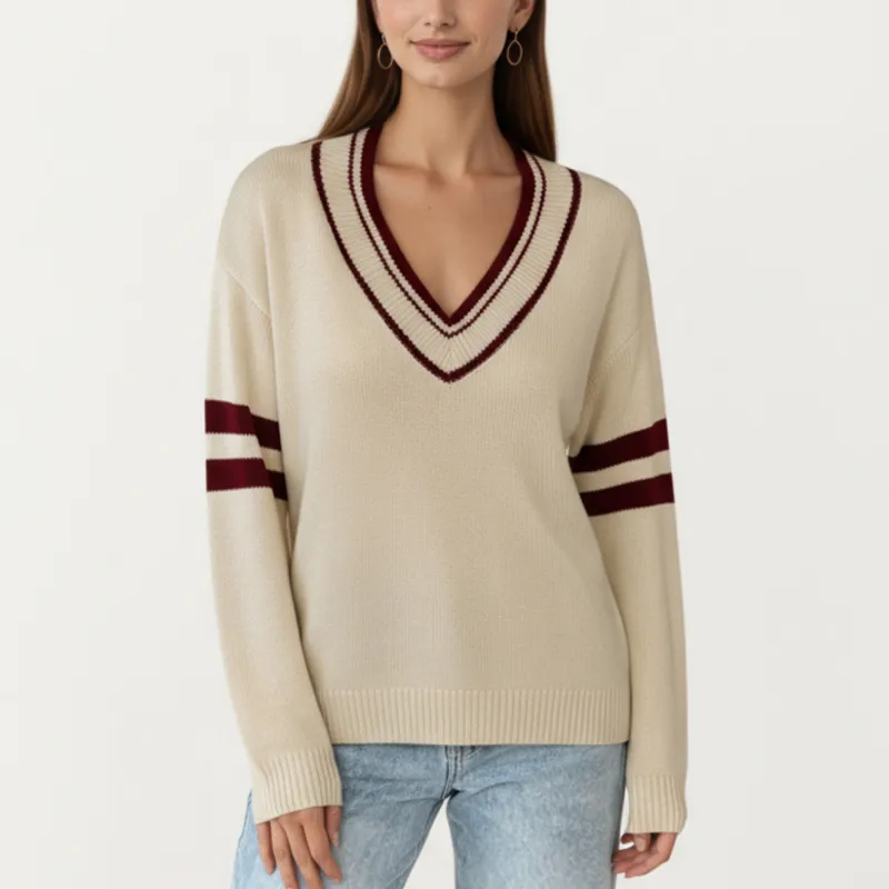 Anna-Kaci Women's Long Sleeve V-Neck Knit Sweater with Contrast Stripe Trim and Ribbed Hem sold by Anna-Kaci