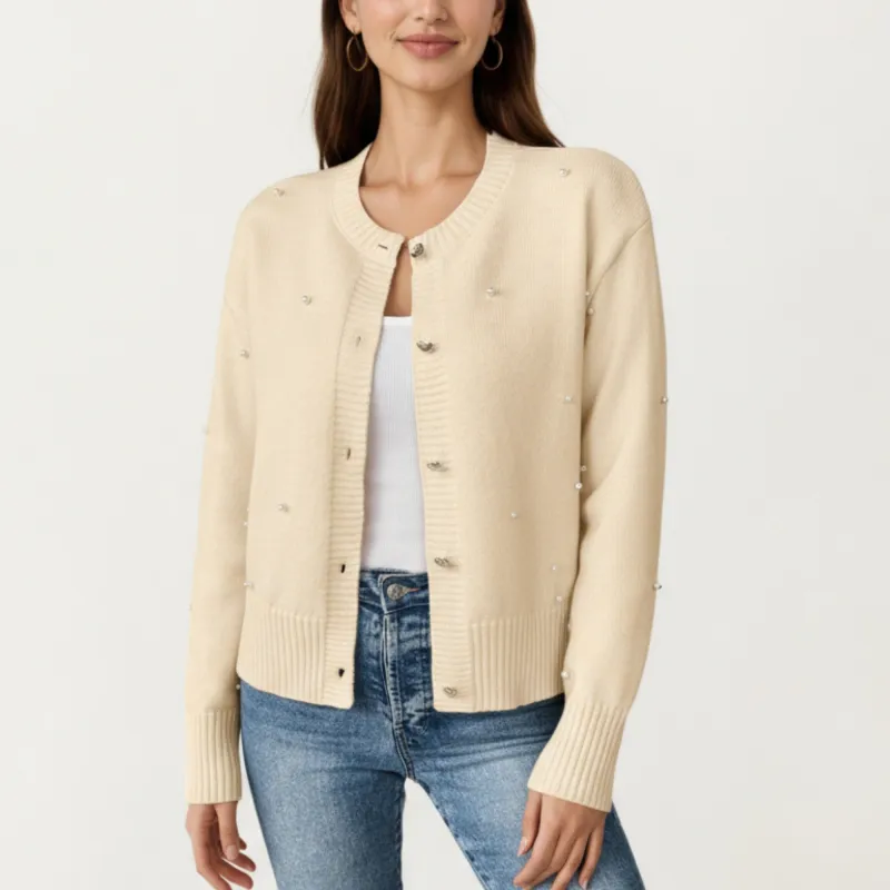 Anna-Kaci Women's Long Sleeve Faux Pearl Embellished Knit Cardigan with Button Front Closure sold by Anna-Kaci