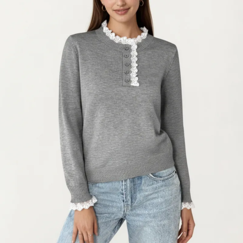 Anna-Kaci Women's Long Sleeve Knit Top with Lace Trim Collar and Button Front Detail sold by Anna-Kaci