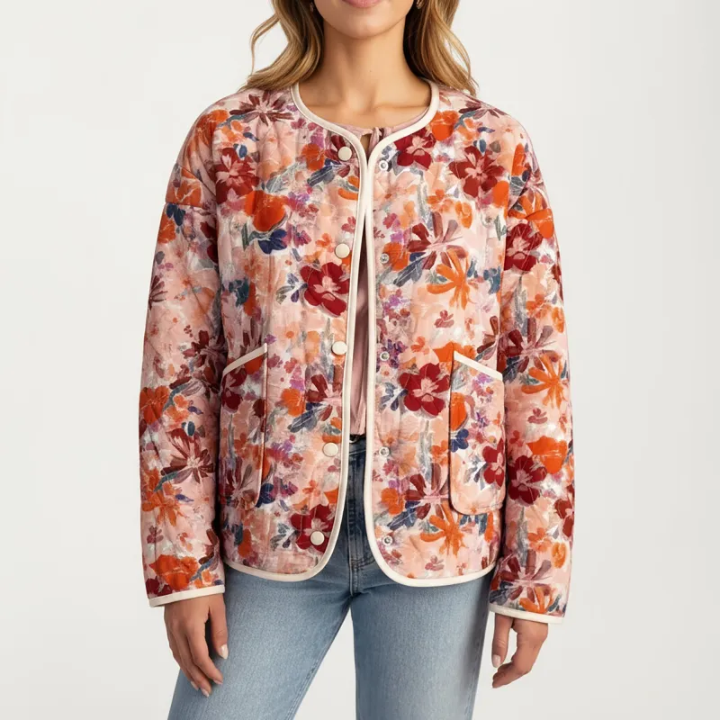 Anna-Kaci Women's Floral Print Button-Up Quilted Jacket with Front Pockets and Contrast Trim sold by Anna-Kaci