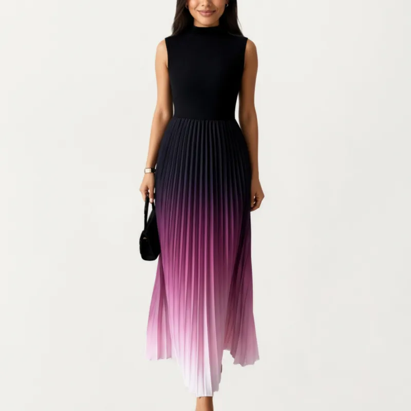 Anna-Kaci Women's Sleeveless Mock Neck Pleated Maxi Dress with Gradient Ombre Skirt sold by Anna-Kaci