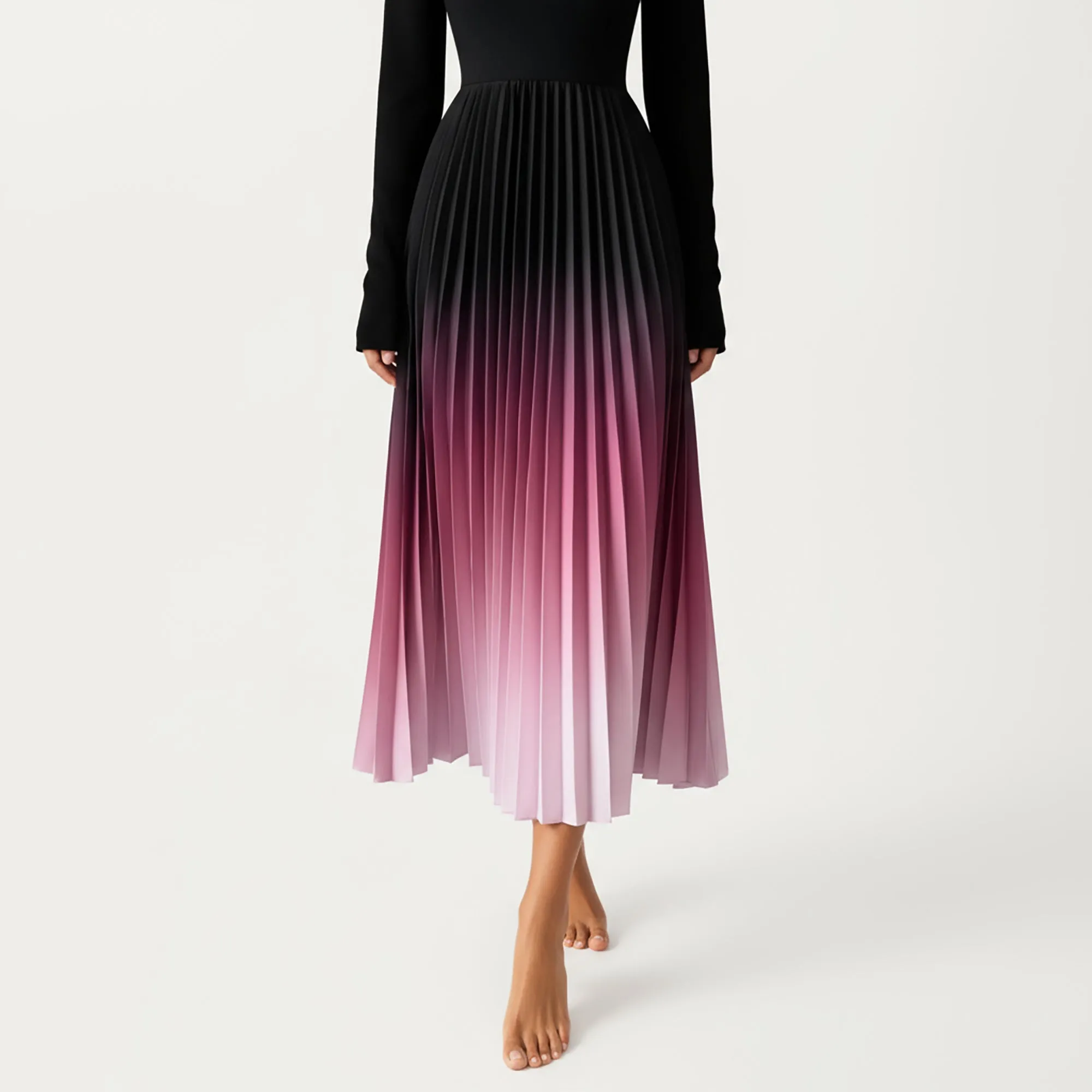 Anna-Kaci Women's Long Sleeve Pleated Maxi Dress with Gradient Ombre Skirt and Fitted Bodice sold by Anna-Kaci product image thumbnail 4