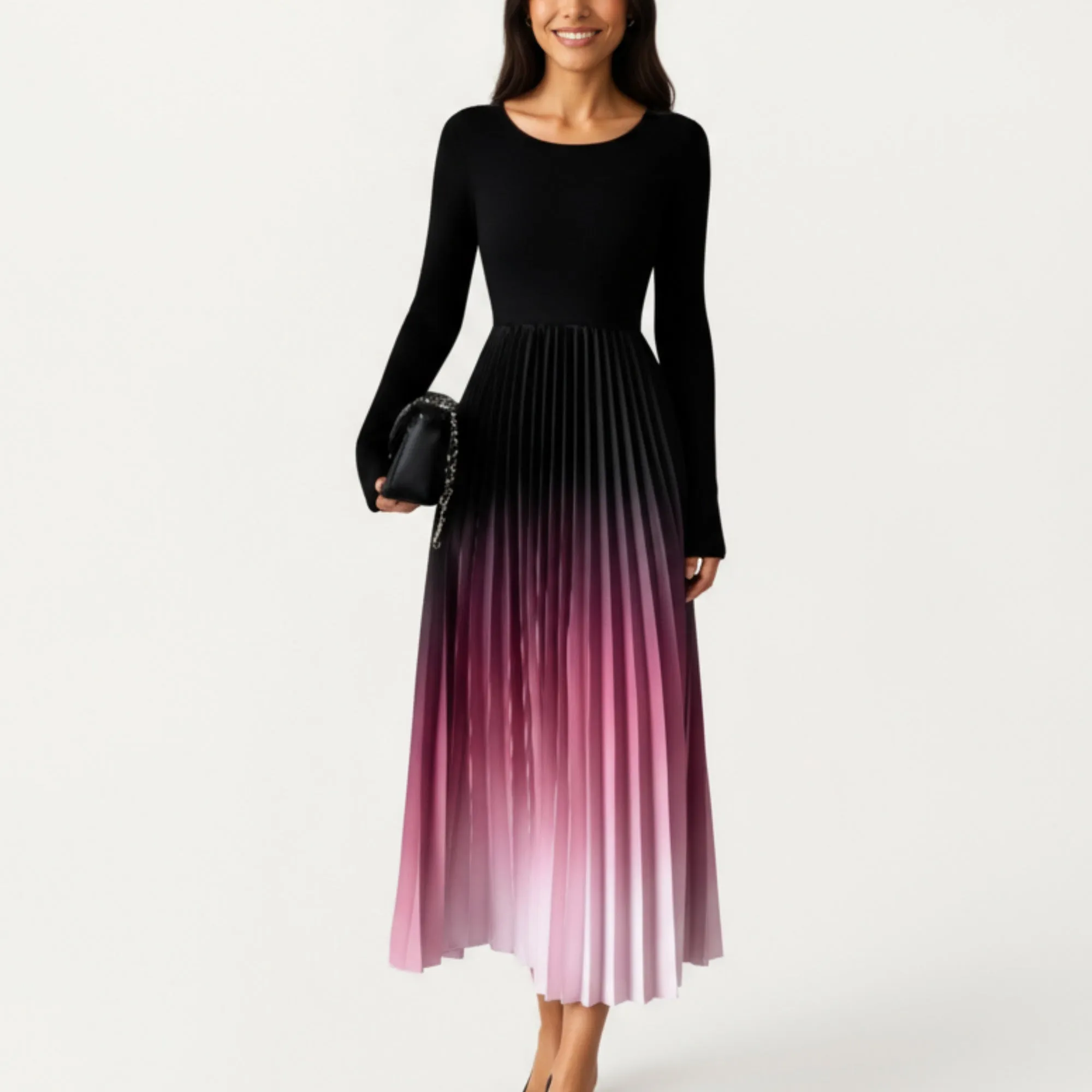 Anna-Kaci Women's Long Sleeve Pleated Maxi Dress with Gradient Ombre Skirt and Fitted Bodice sold by Anna-Kaci