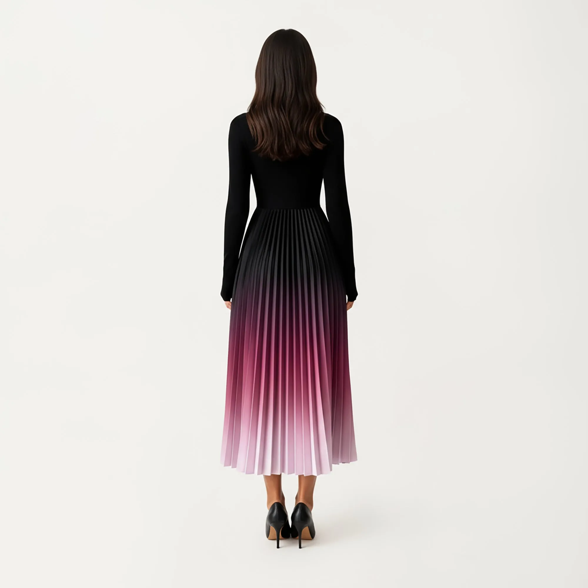Anna-Kaci Women's Long Sleeve Pleated Maxi Dress with Gradient Ombre Skirt and Fitted Bodice sold by Anna-Kaci product image thumbnail 2