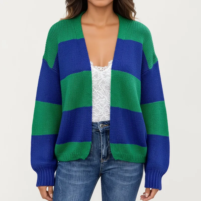 Anna-Kaci Women's Bold Stripe Knit Cardigan with Ribbed Hem and Balloon Sleeves sold by Anna-Kaci