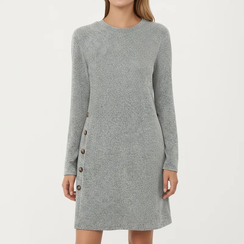 Anna-Kaci Women's Long Sleeve Knit Dress with Side Button Detail and Crew Neckline sold by Anna-Kaci