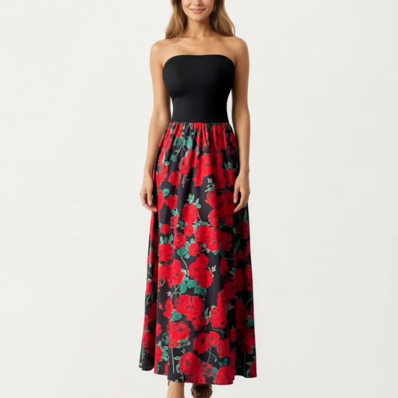 Anna-Kaci Women's Strapless Maxi Dress with Fitted Bodice and Floral Print Skirt sold by Anna-Kaci