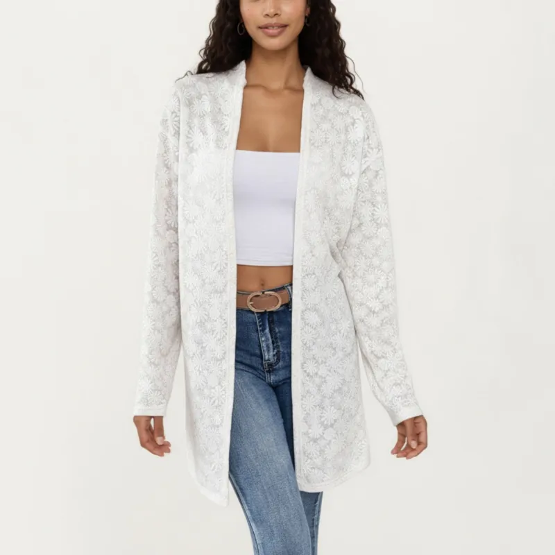 Anna-Kaci Women's Long Sleeve Open Front Cardigan with Textured Floral Lace Detailing sold by Anna-Kaci