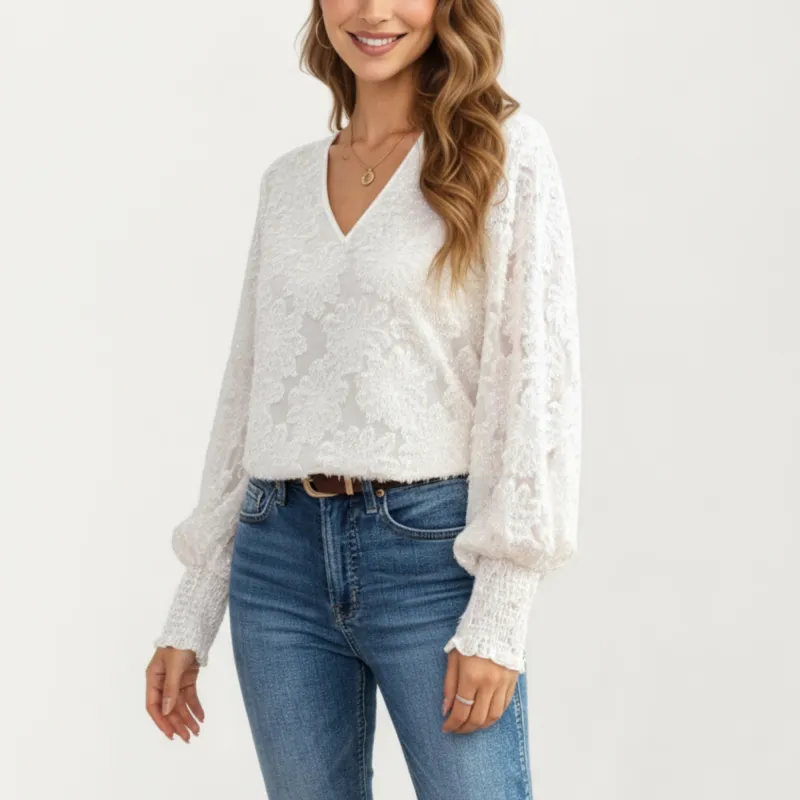 Anna-Kaci Women's V-Neck Long Sleeve Lace Top with Smocked Cuffs and Textured Floral Pattern sold by Anna-Kaci