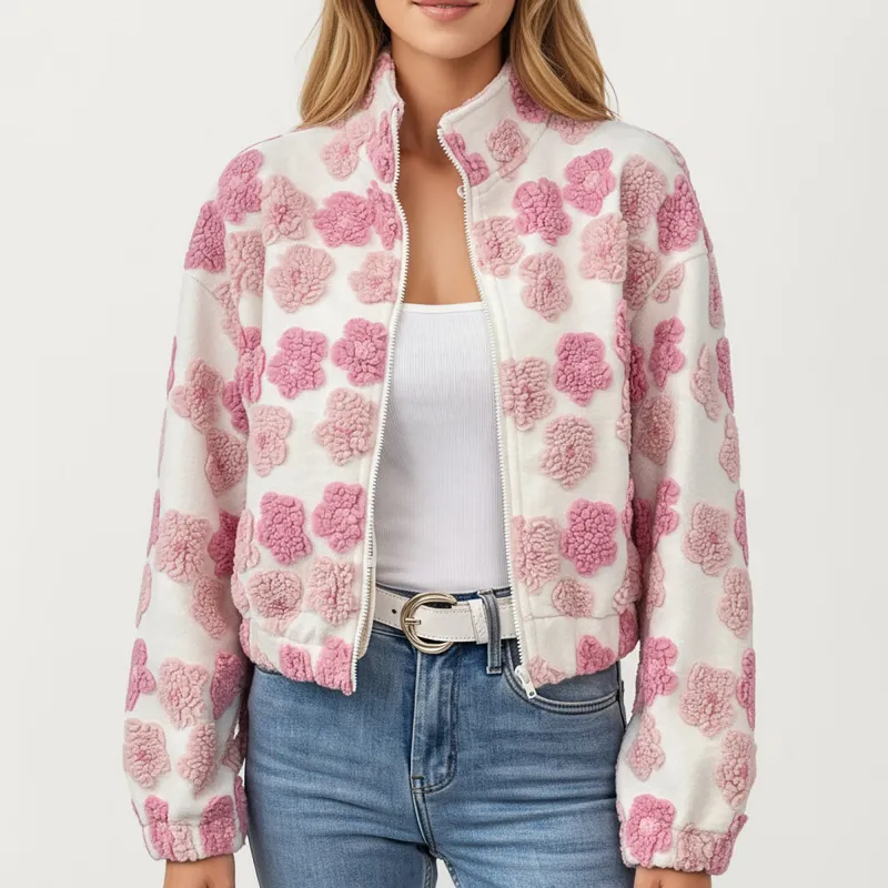 Anna-Kaci Women's Zip-Up Jacket with 3D Floral Pattern and Elastic Hem sold by Anna-Kaci