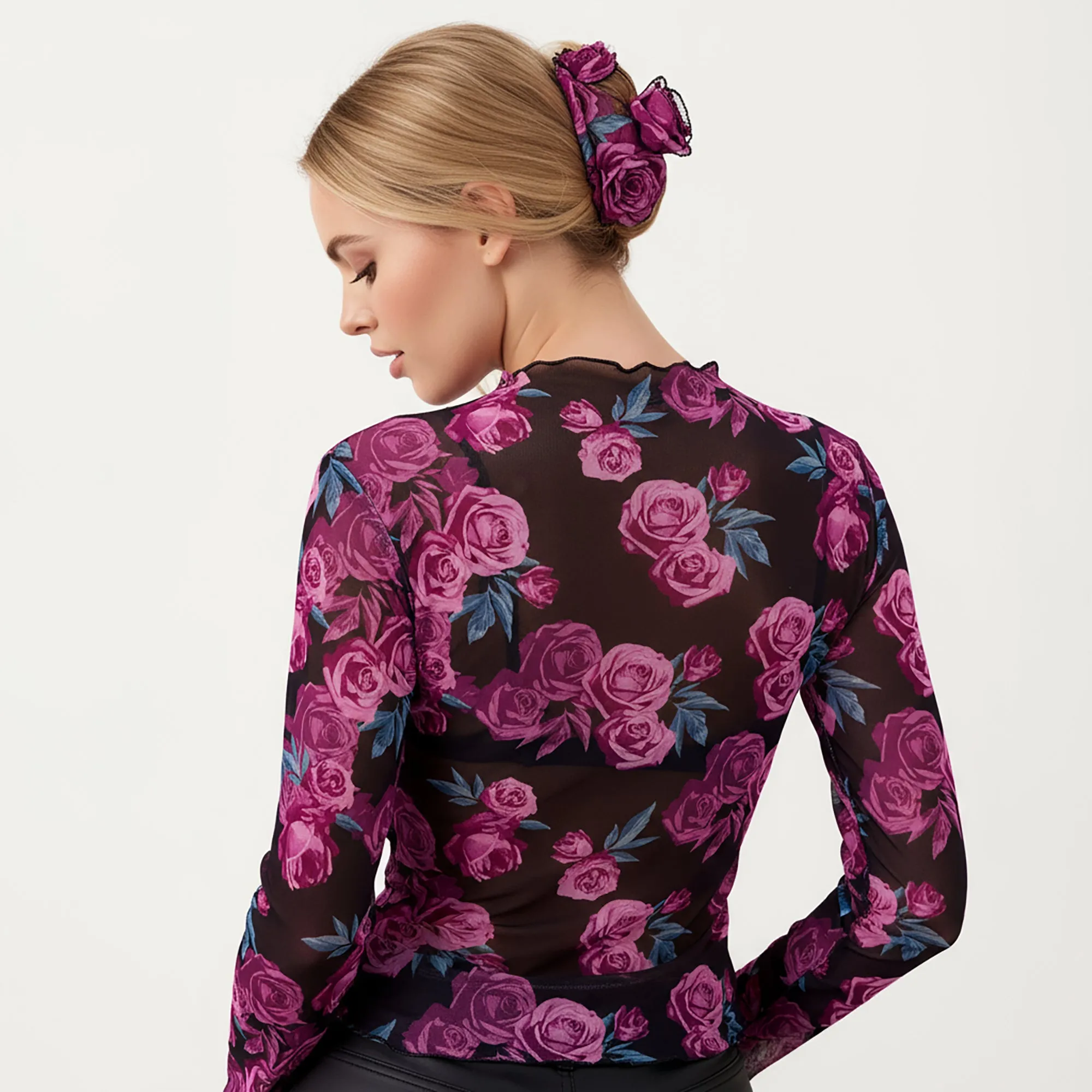 Anna-Kaci Women's Sheer Long Sleeve Mesh Top with Rose Floral Print and Mock Neck sold by Anna-Kaci product image thumbnail 2