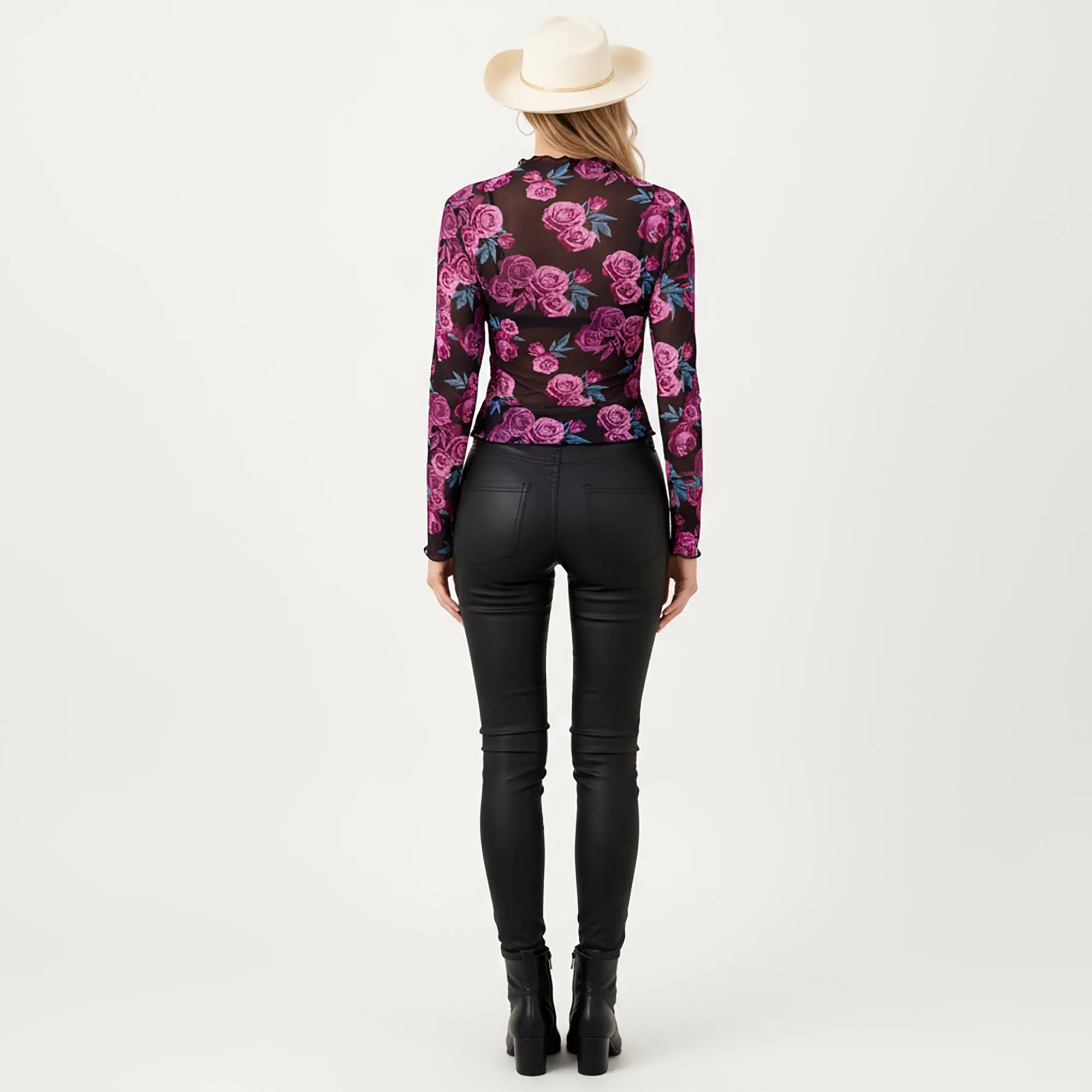 Anna-Kaci Women's Sheer Long Sleeve Mesh Top with Rose Floral Print and Mock Neck sold by Anna-Kaci product image thumbnail 3