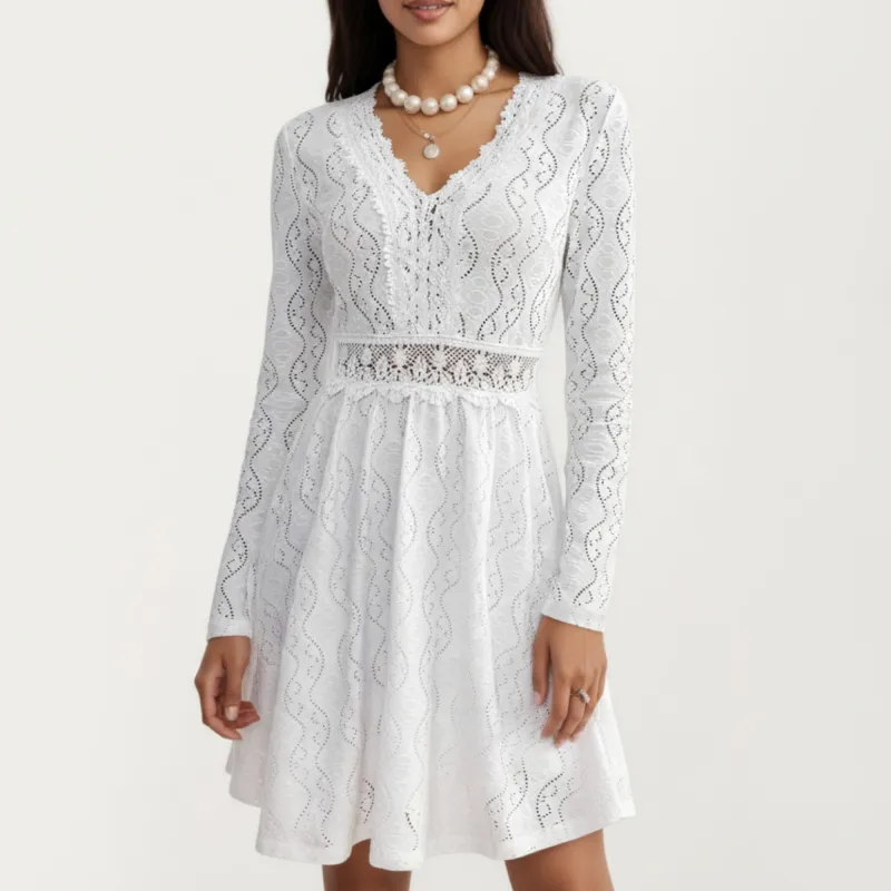 Anna-Kaci Women's Long Sleeve Lace Mini Dress with V-Neckline and Sheer Waist Detail sold by Anna-Kaci