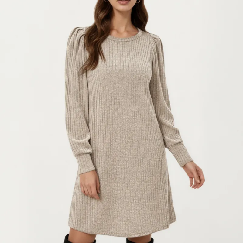 Anna-Kaci Women's Ribbed Knit Long Sleeve Dress with Puff Shoulder Detail and Relaxed A-Line Silhouette sold by Anna-Kaci