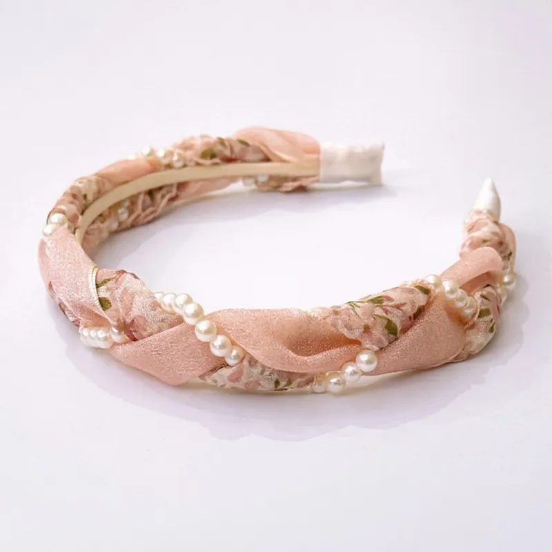 Anna-Kaci Twisted Floral Fabric Headband with Pearl Embellishment and Knotted Design 6x6.3in made by Anna-Kaci