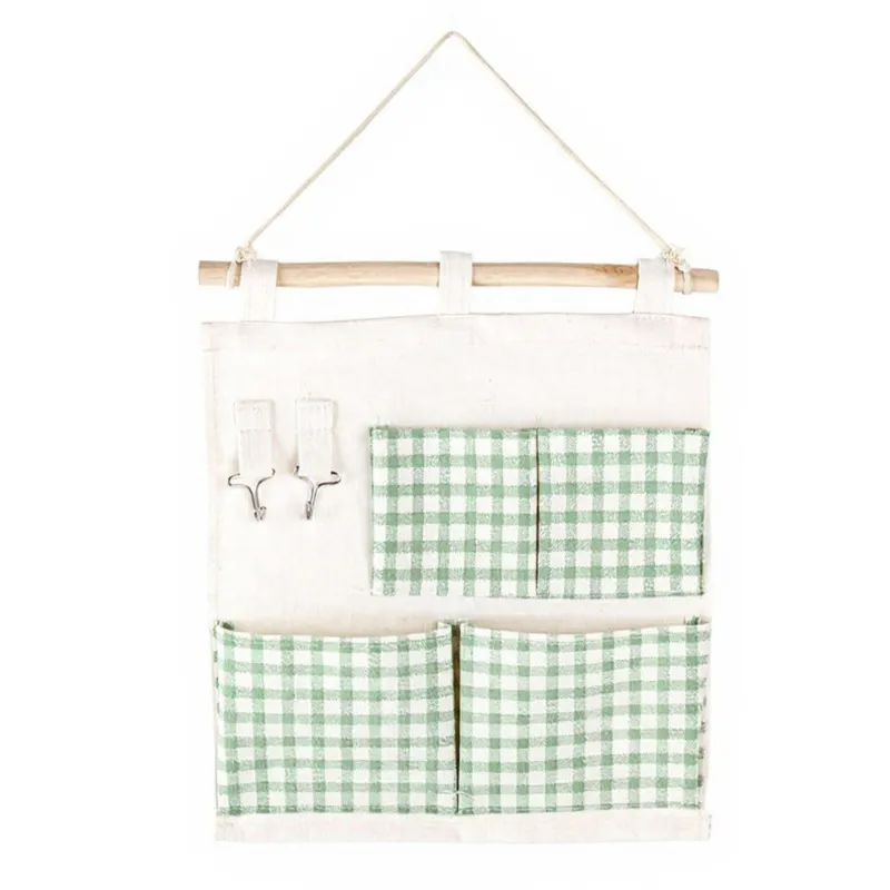 Anna-Kaci Hanging Wall Organizer with Green Gingham Pockets and Wooden Rod 12x14in sold by Anna-Kaci