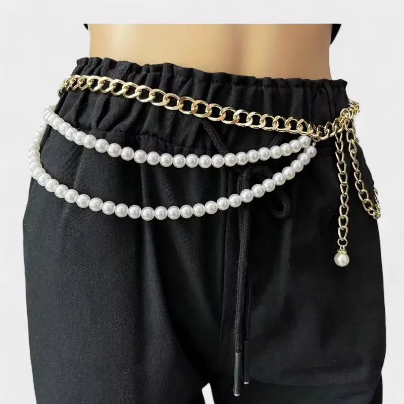 Anna-Kaci Women's Gold Chain Belt with Double Pearl Strand Layered Design 41.5x0.4in sold by Anna-Kaci
