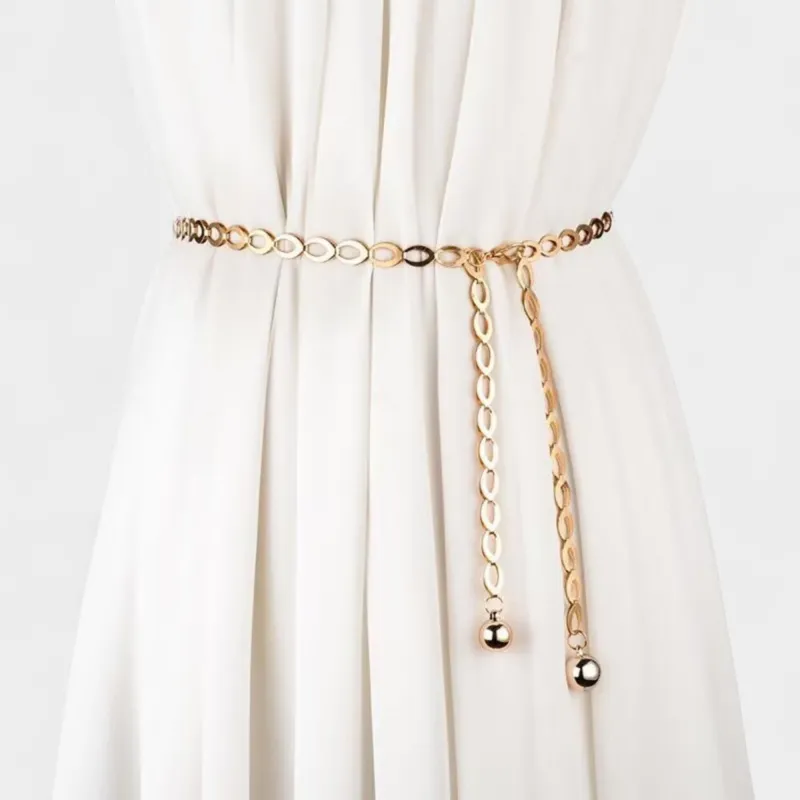 Anna-Kaci Women's Chain Belt with Oval Link Design and Hanging Ball Accents 49x0.4in sold by Anna-Kaci