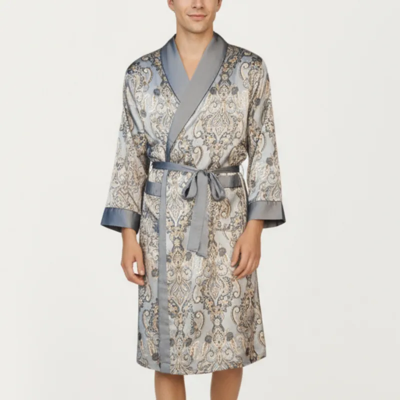 Anna-Kaci Men's Paisley Print Satin Robe with Contrast Trim Shawl Collar and Waist Tie sold by Anna-Kaci