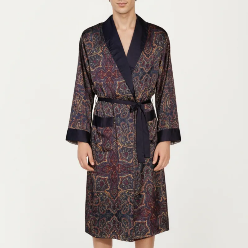 Anna-Kaci Men's Paisley Print Satin Robe with Contrast Trim Shawl Collar and Waist Tie sold by Anna-Kaci