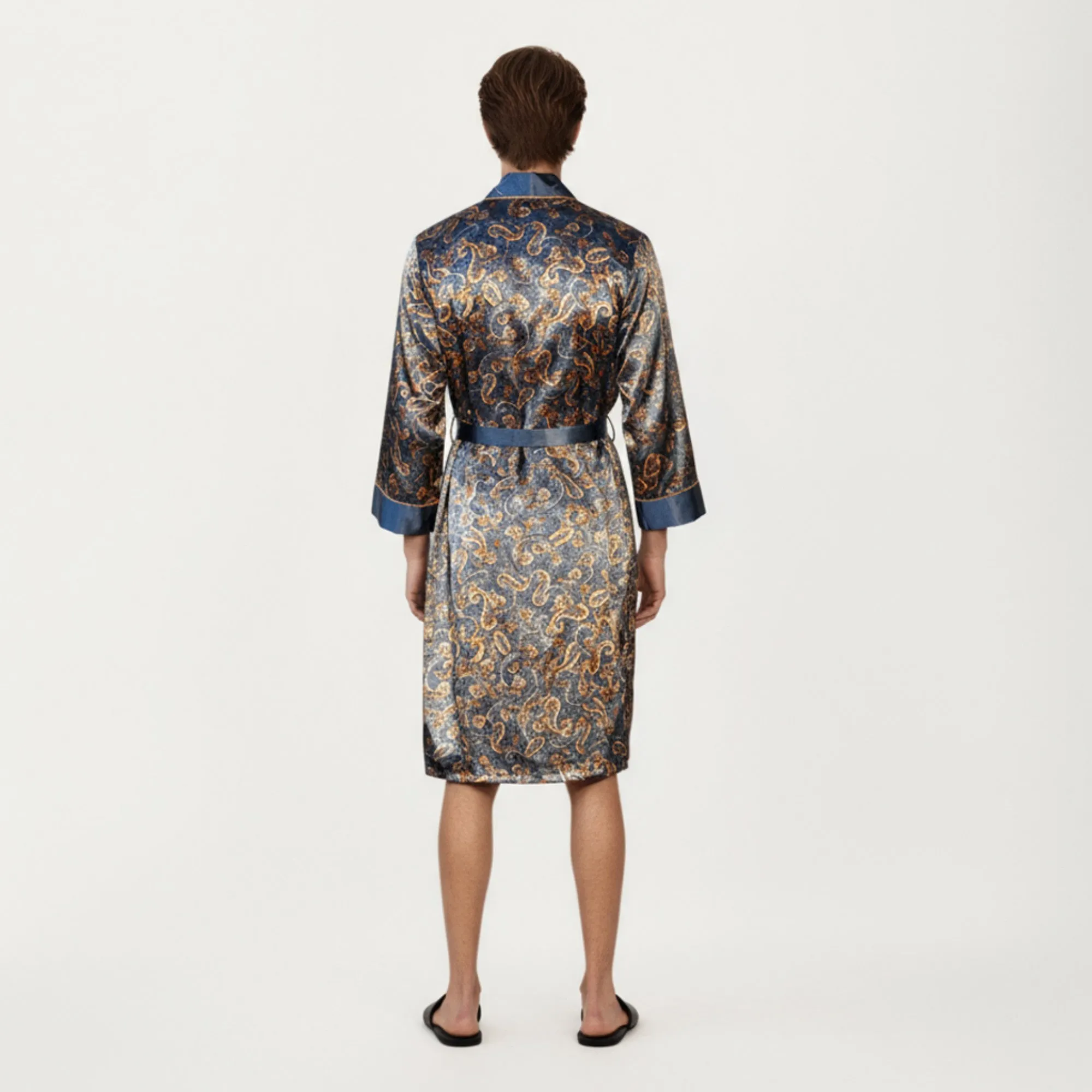 Anna-Kaci Men's Paisley Print Satin Robe with Contrast Shawl Collar and Waist Tie Belt sold by Anna-Kaci product image thumbnail 4