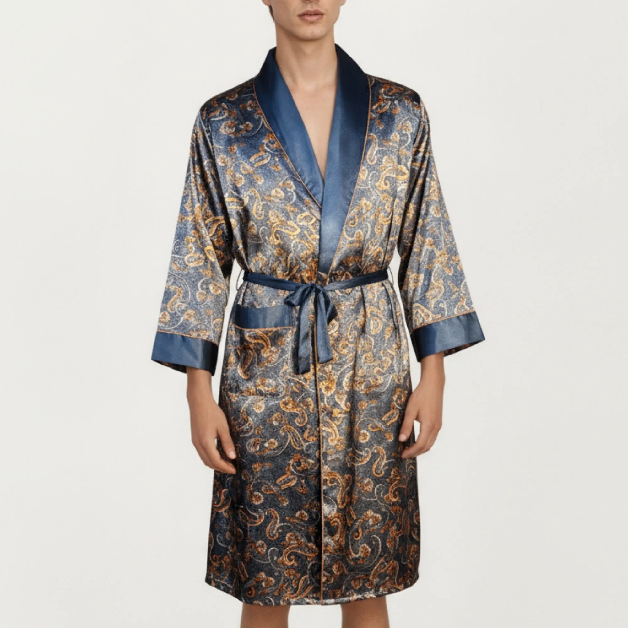 Anna-Kaci Men's Paisley Print Satin Robe with Contrast Shawl Collar and Waist Tie Belt sold by Anna-Kaci
