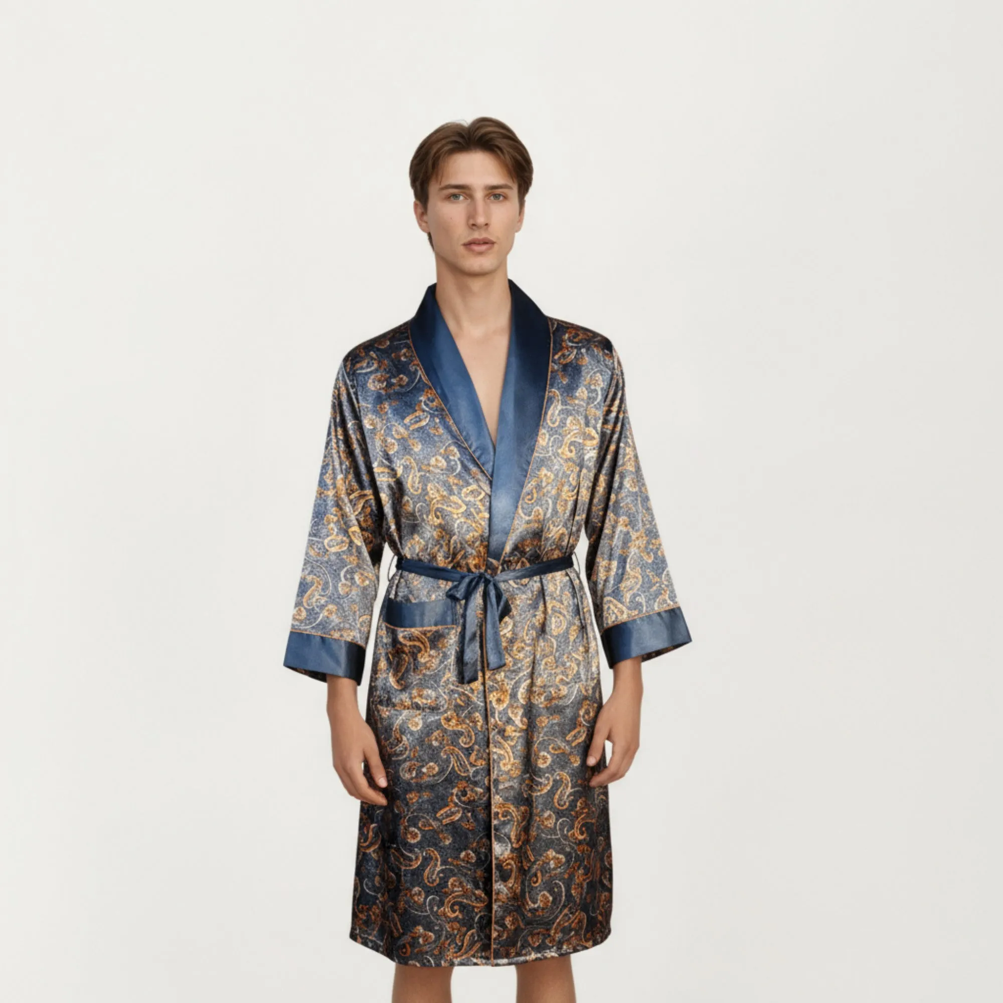 Anna-Kaci Men's Paisley Print Satin Robe with Contrast Shawl Collar and Waist Tie Belt sold by Anna-Kaci product image thumbnail 2