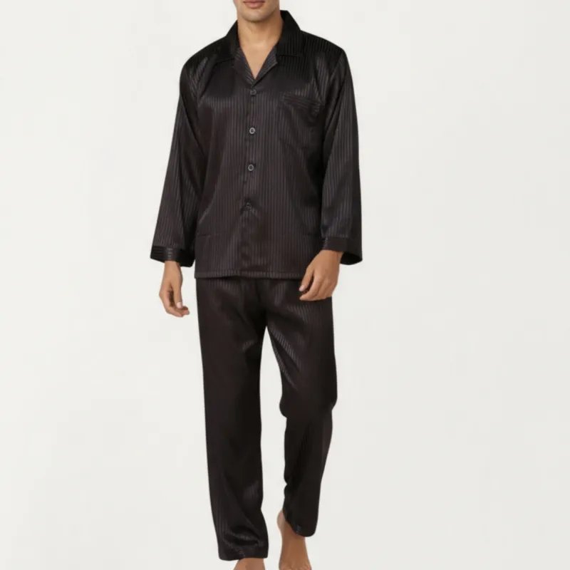 Anna-Kaci Men's 2-Piece Set Satin Pajamas with Subtle Stripe Pattern and Button-Up Top sold by Anna-Kaci