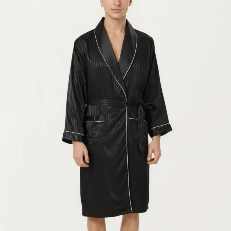 Anna-Kaci Men's Satin Robe with Subtle Stripe Texture Contrast Trim and Waist Tie sold by Anna-Kaci