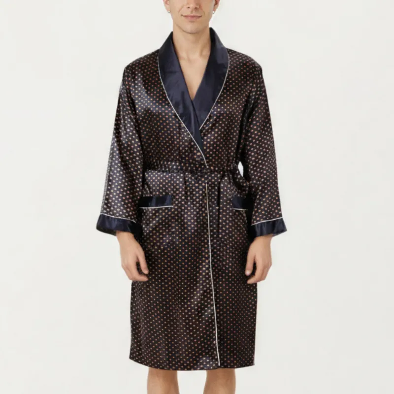 Anna-Kaci Men's Satin Robe with Polka Dot Print Contrast Shawl Collar and Waist Tie sold by Anna-Kaci