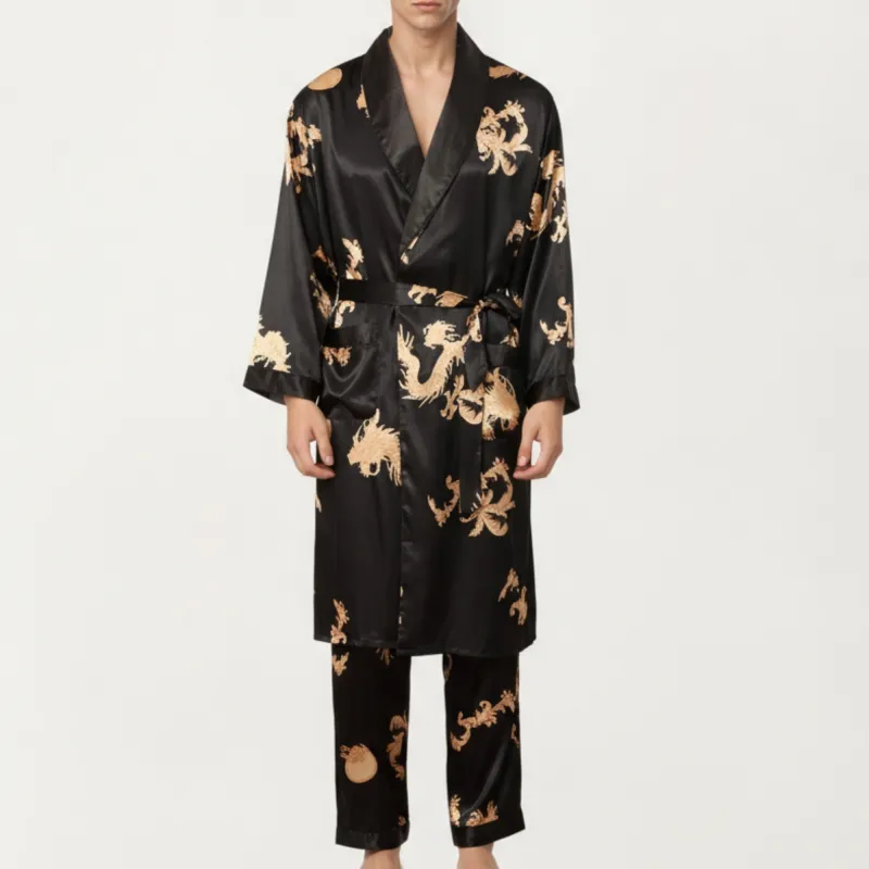 Anna-Kaci Men's 2-Piece Set Satin Dragon Print Robe and Lounge Pants with Shawl Collar and Waist Tie sold by Anna-Kaci