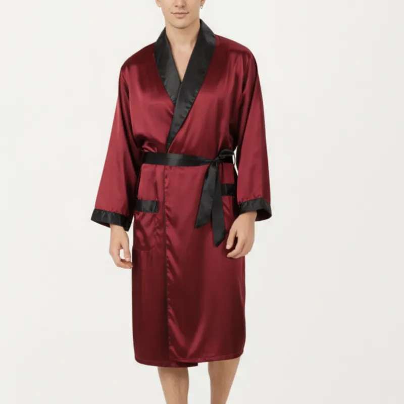 Anna-Kaci Men's Satin Robe with Contrast Shawl Collar Waist Tie and Front Pockets sold by Anna-Kaci