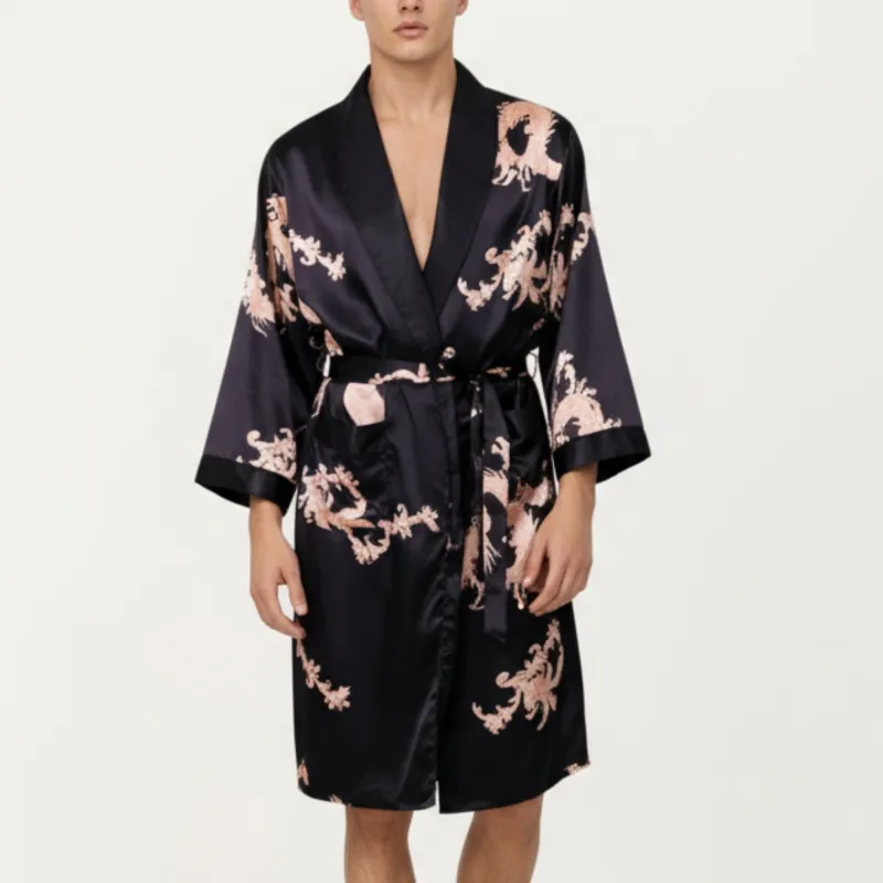 Anna-Kaci Men's Satin Robe with Baroque Print Shawl Collar and Waist Tie sold by Anna-Kaci