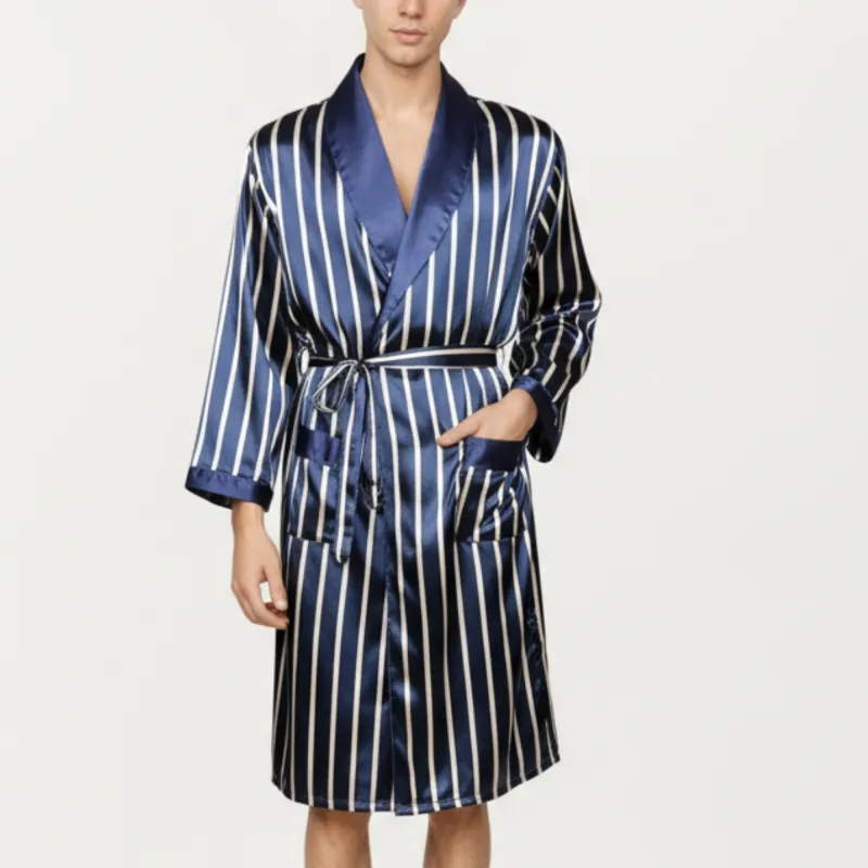 Anna-Kaci Men's Satin Robe with Geometric Print Contrast Shawl Collar and Waist Tie sold by Anna-Kaci