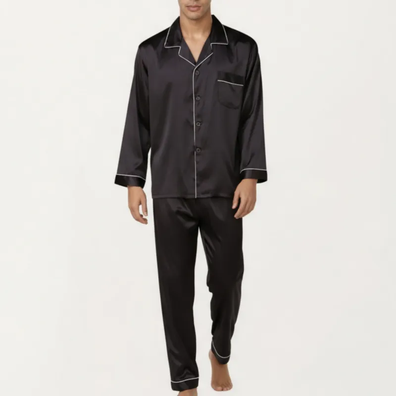 Anna-Kaci Men's 2-Piece Set Satin Pajamas with Contrast Piping and Button-Up Top sold by Anna-Kaci