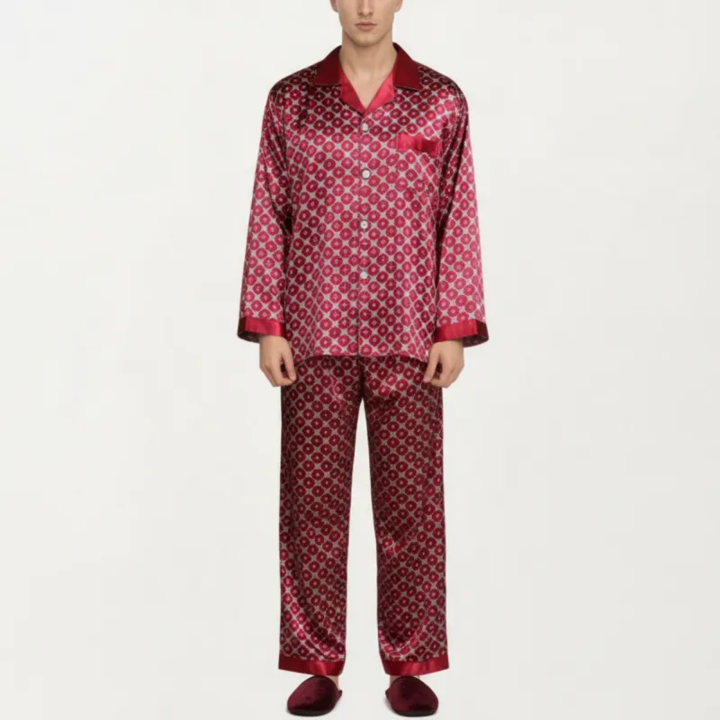 Anna-Kaci Men's 2-Piece Set Satin Pajamas with Geometric Print Contrast Collar and Button-Up Top sold by Anna-Kaci